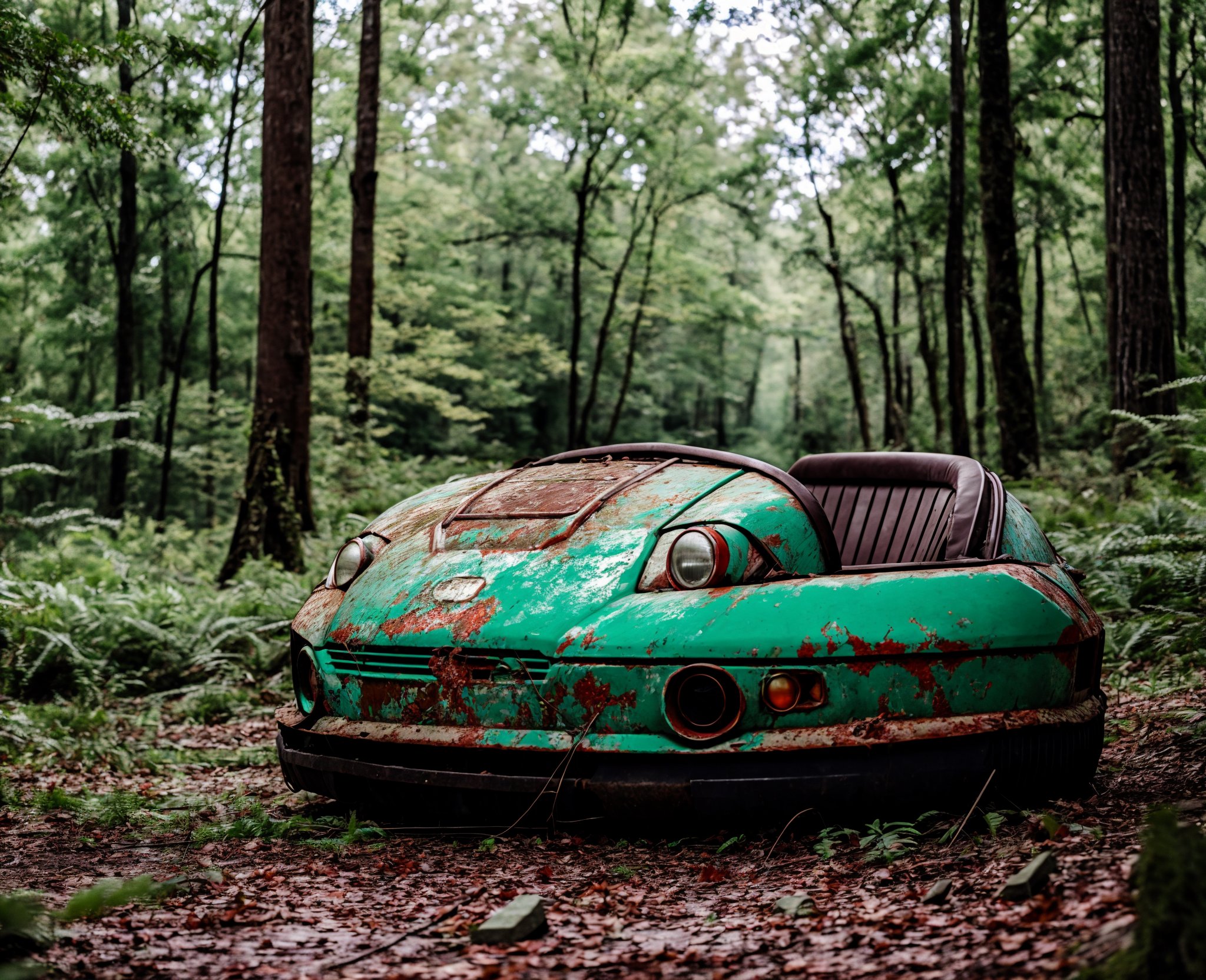 01042-109220853-(raw photo_1.2), an abandoned bumper car sitting in the middle of a forest, featured on unsplash, dead bodies, apocalyptic fallo.jpg